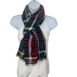 NWT J Jill Textured Woven Plaid Square Scarf Fringe Red Green Multi 40"x40"